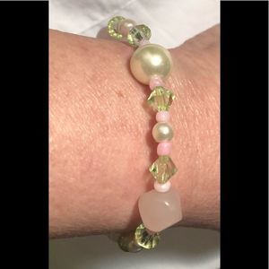 Pink, lime, white plastic bead bracelet-elastic band.